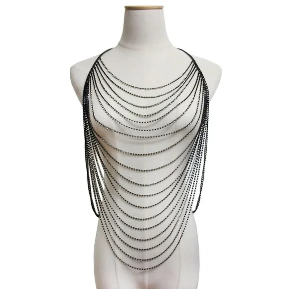Silver Draped Crystal Rhinestone Body Chain Statement Necklace - Picture 3 of 3